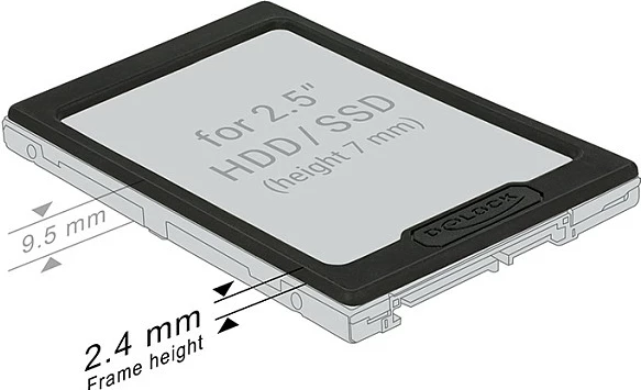 Kafaz HDD/SSD 2.5" DeLOCK 18216, kornizë rritëse lartësie 7mm-9.5mm, e zezë