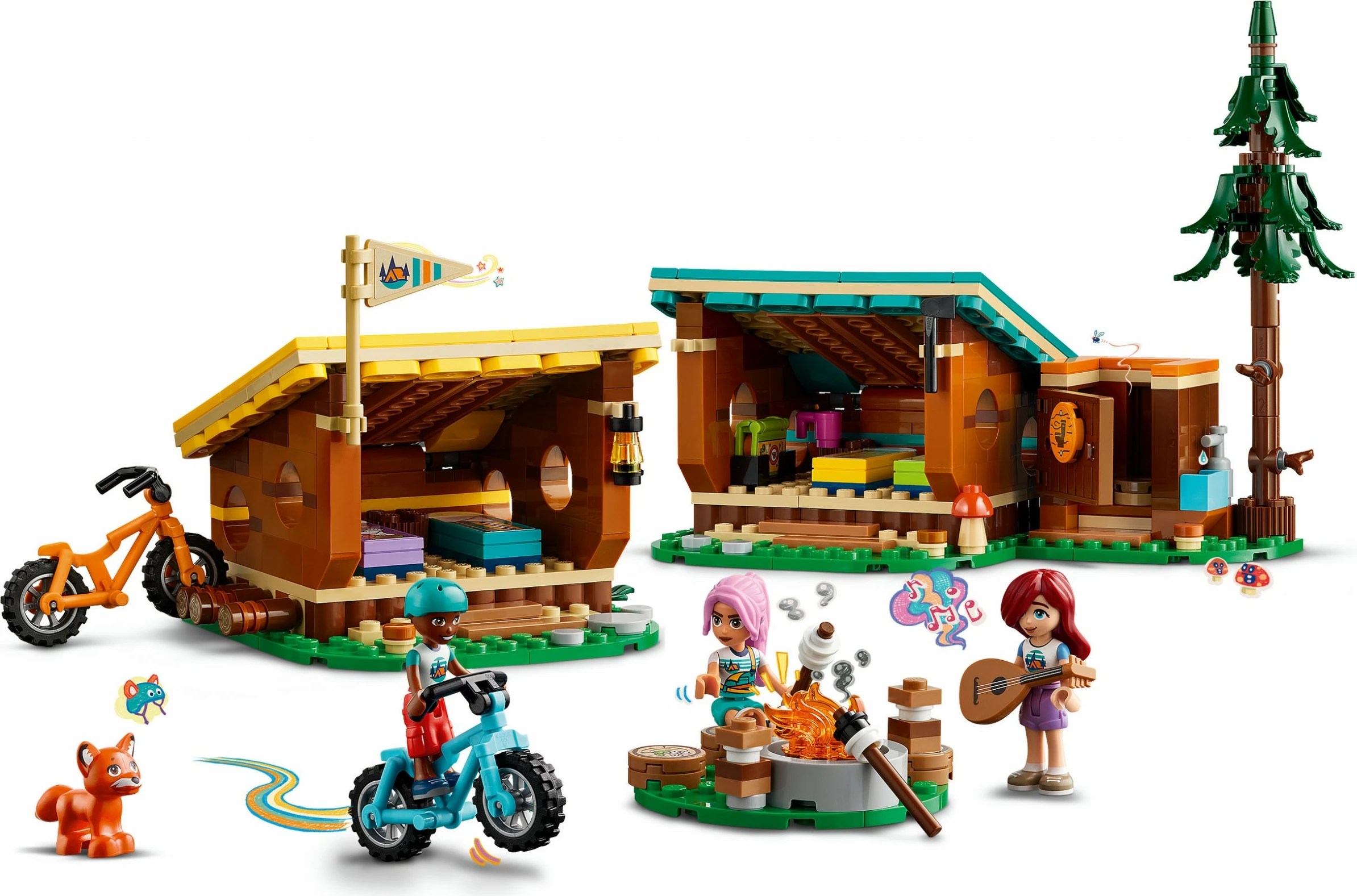Set LEGO Friends 42624, kamp aventure, kabina të vogla, me figurina dhe biçikleta
