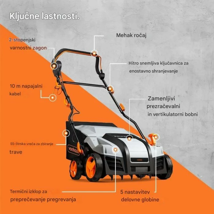 Vertikutues dhe aerator elektrik VONHAUS 2500192, 1800W, 38 cm, kosh 55 L