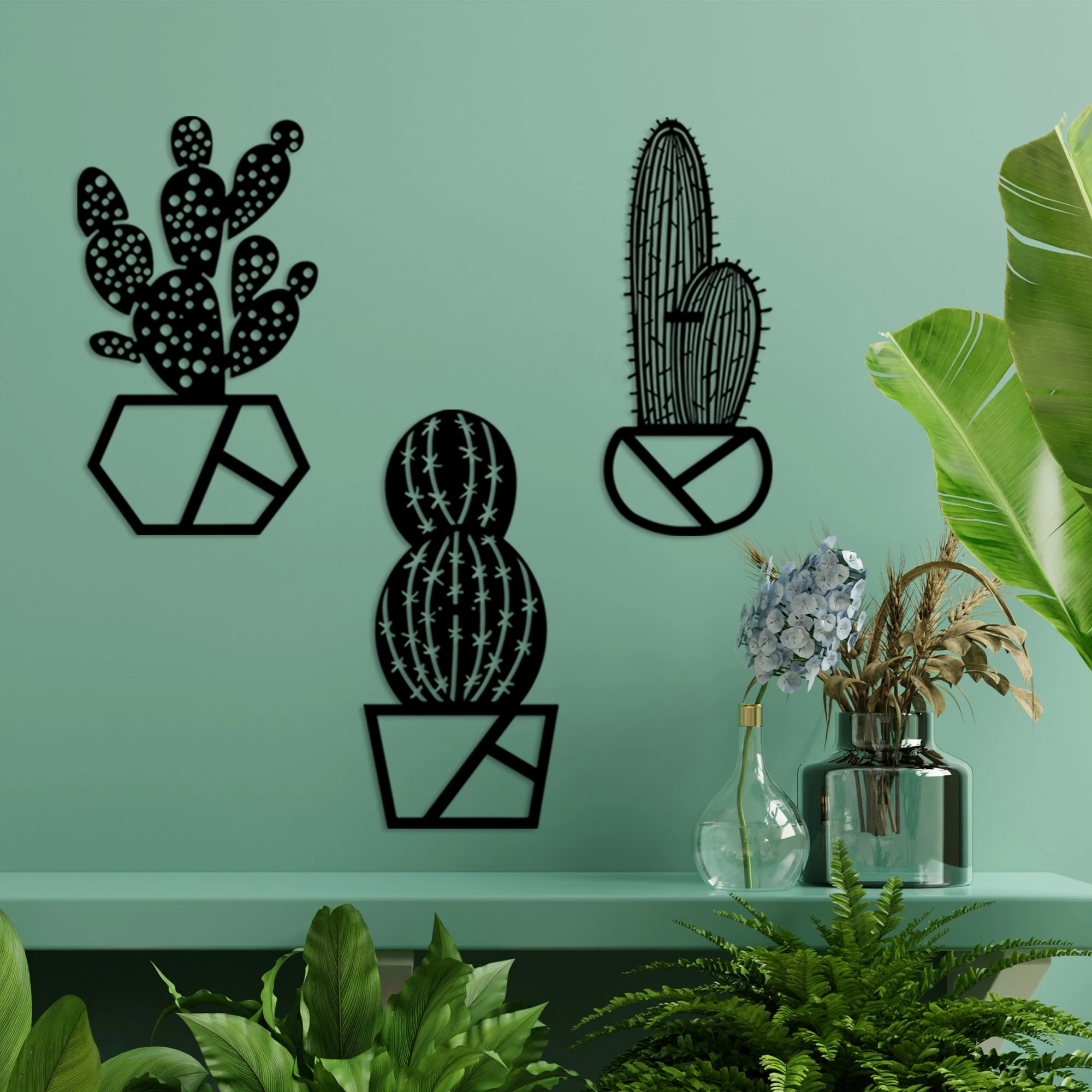 Aksesor dekorativ metalik për mur, Wallity, Cactus-1, set prej 3 copash