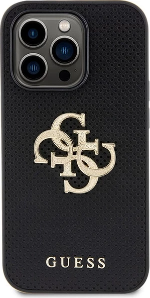 Mbështjellës Guess Perforated 4G Glitter Logo për iPhone 15 Pro 6.1\", hardcase TPU + lëkurë eko, i zi, në kuti