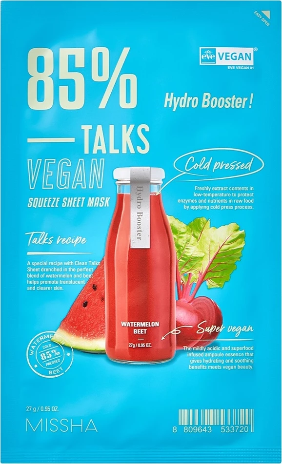Maskë për fytyrë Missha Talks Vegan Squeeze Sheet Mask Hydro Booster për femra 27g