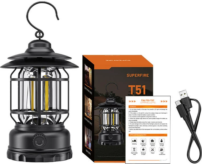 Llambë kampingu Superfire T51, USB-C, e zezë