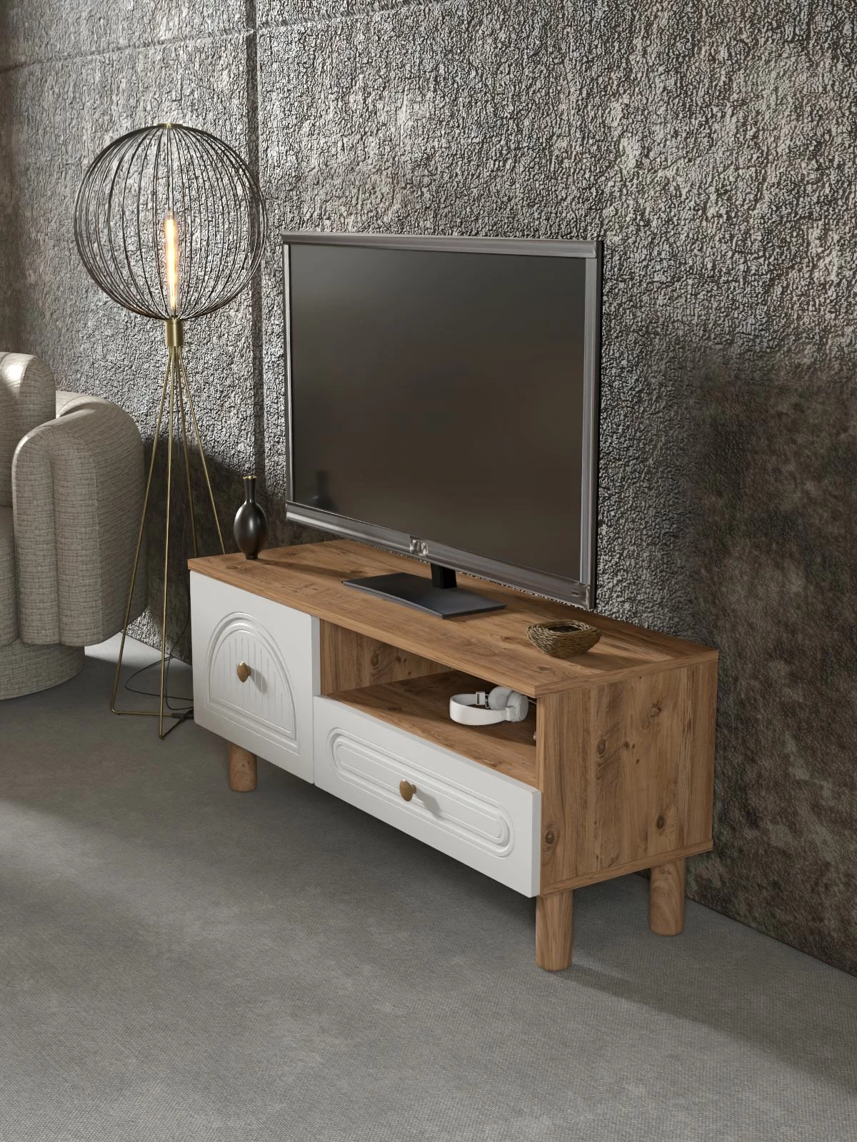 Komodë TV Skye Decor, Arcera 105, ngjyrë pishë Atlantike dhe e bardhë