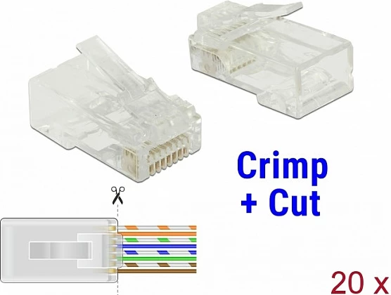 Steker RJ45 DeLOCK Crimp+Cut Cat6 UTP, 20 copë, transparent