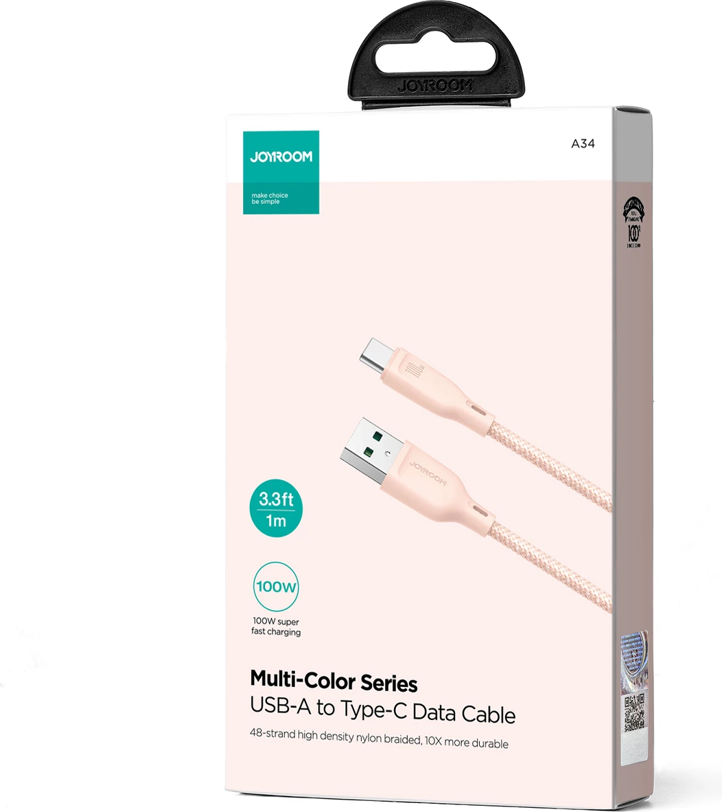 Kabllo Joyroom Multi-Color Series S-A34, USB-A në USB-C, 100W, 1m, Rozë