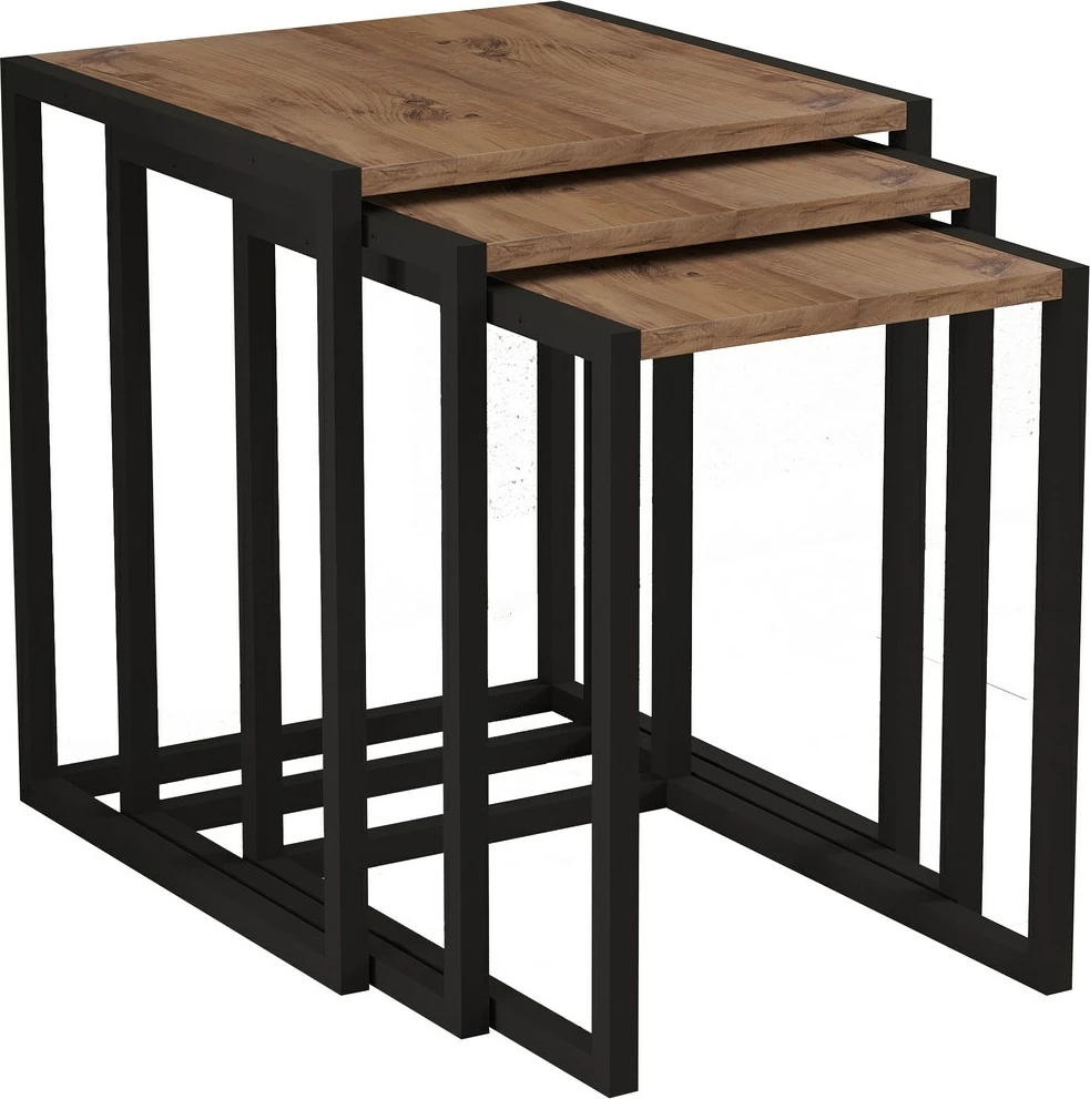 Set tavolinash ndihmëse, 3 copë, këmbë të zeza, sipërfaqe ngjyrë Atlantic Pine, Hanah Home, Tali