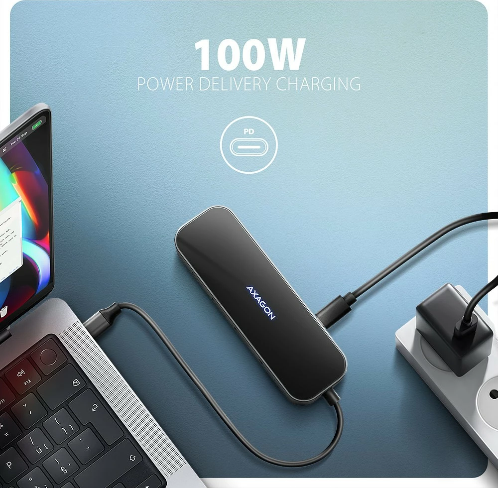 Hub USB-C 6-në-1 AXAGON HMC-6GLN, 5Gbps, 2xUSB-A, 1x USB-C, GLAN, HDMI 4K/60Hz, PD 100W, 20cm, zi/argjendtë