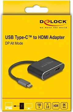 Adapter USB-C në HDMI DeLOCK, 8K 60Hz, HDR10, PD 100W, i zi