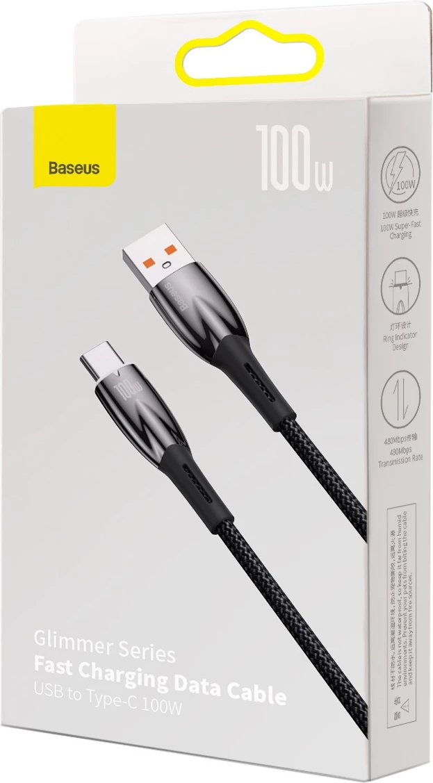 Kabllo Baseus Glimmer Series, USB-A në USB-C, 1m, 100W, e zezë