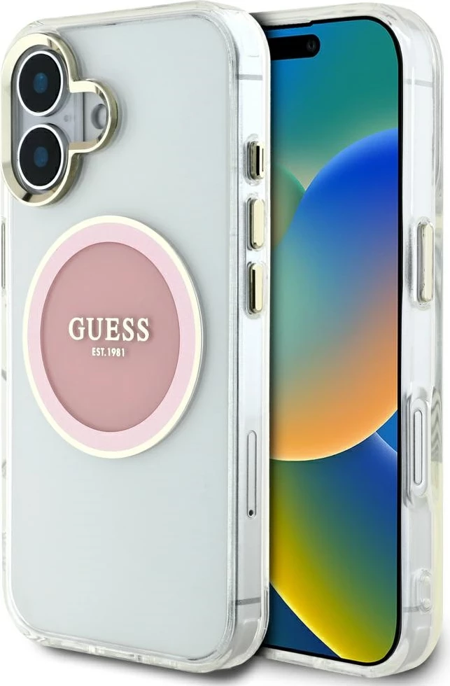 Mbështjellës Guess IML Metal Colored Circle Classic Logo MagSafe për iPhone 16, Rozë