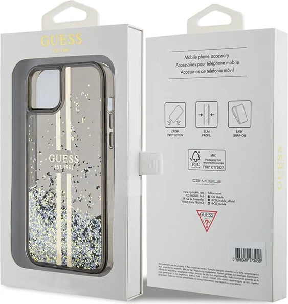 Mbështjellës Guess Liquid Glitter Gold Stripes për iPhone 15 Plus / 14 Plus, e zezë