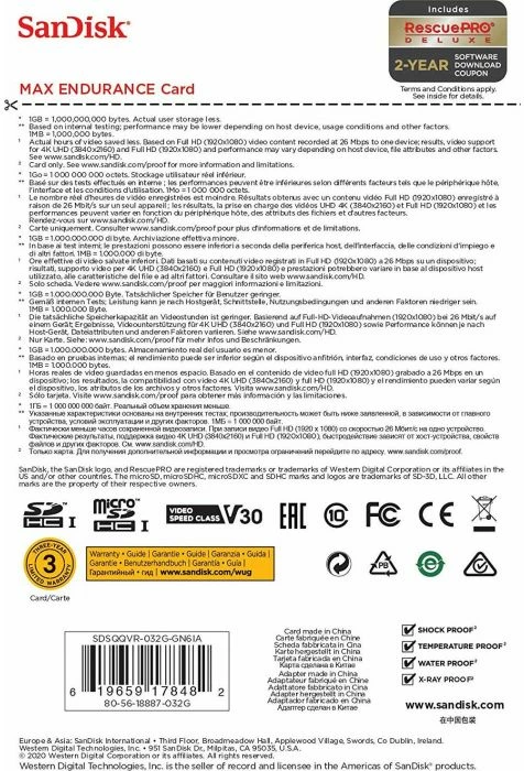 kartelë memorie SanDisk MAX ENDURANCE microSDHC 32GB, me adapter SD, e bardhë