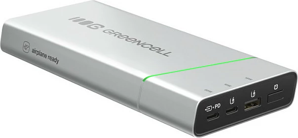 Power bank Green Cell PowerPlay Pro 65W (PBPLGC20P), 20800 mAh, USB-C PD, 3 porta, argjendtë/zi me detaje jeshile