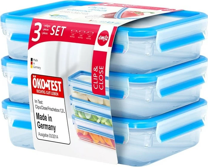 Set enësh plastike Emsa Clip & Close 1.2L, 3 copë, transparent/blu