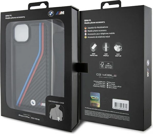 Mbështjellës BMW M Edition Carbon Tricolor Lines & Strap për iPhone 15/14/13, i zi