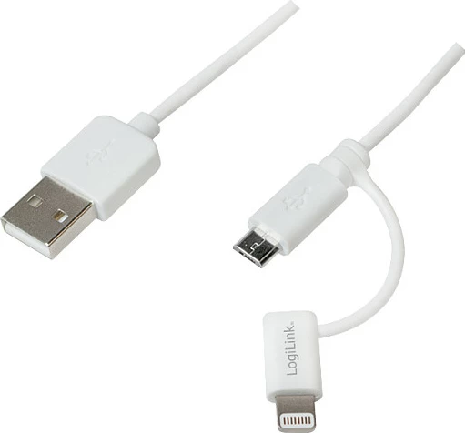 Kabllo USB 2.0 LogiLink, USB-A në Micro-USB + Lightning, 1 m, e bardhë