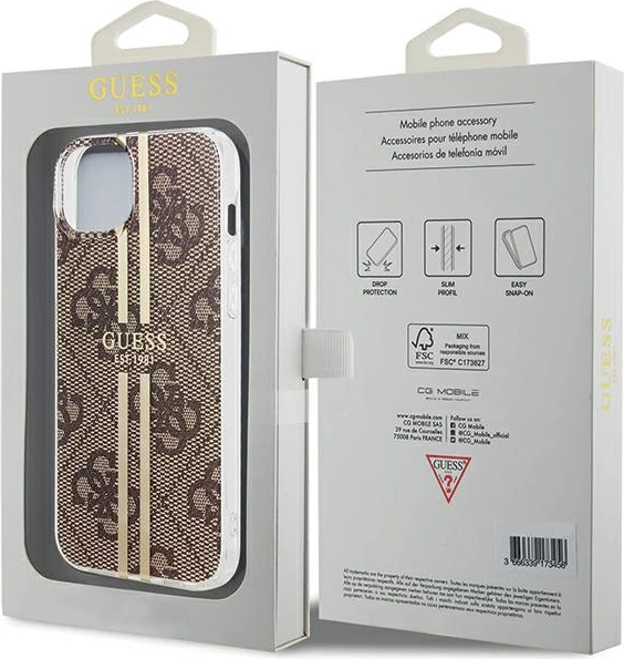 Mbështjellës Guess IML 4G Gold Stripe për iPhone 15 Plus / 14 Plus, Kafe