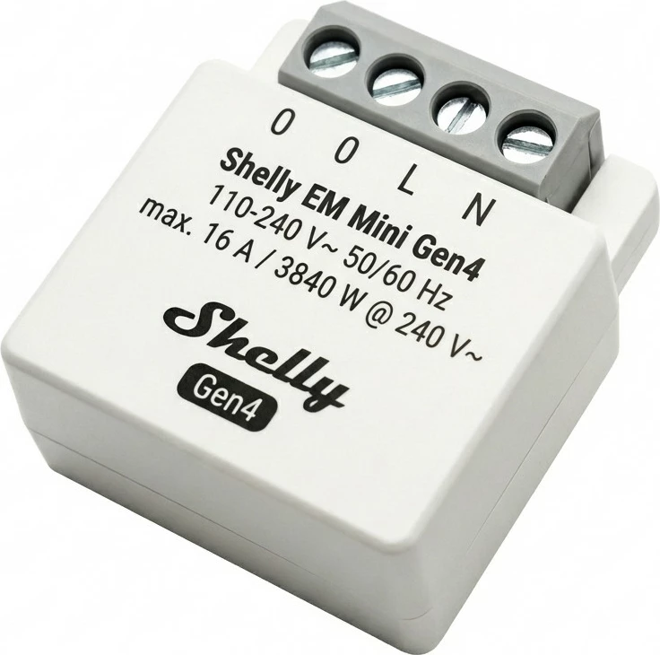 Relé smart Shelly EM Mini Gen4, 1 kanal, Wi‑Fi Matter/Zigbee/Bluetooth, 8A, e bardhë
