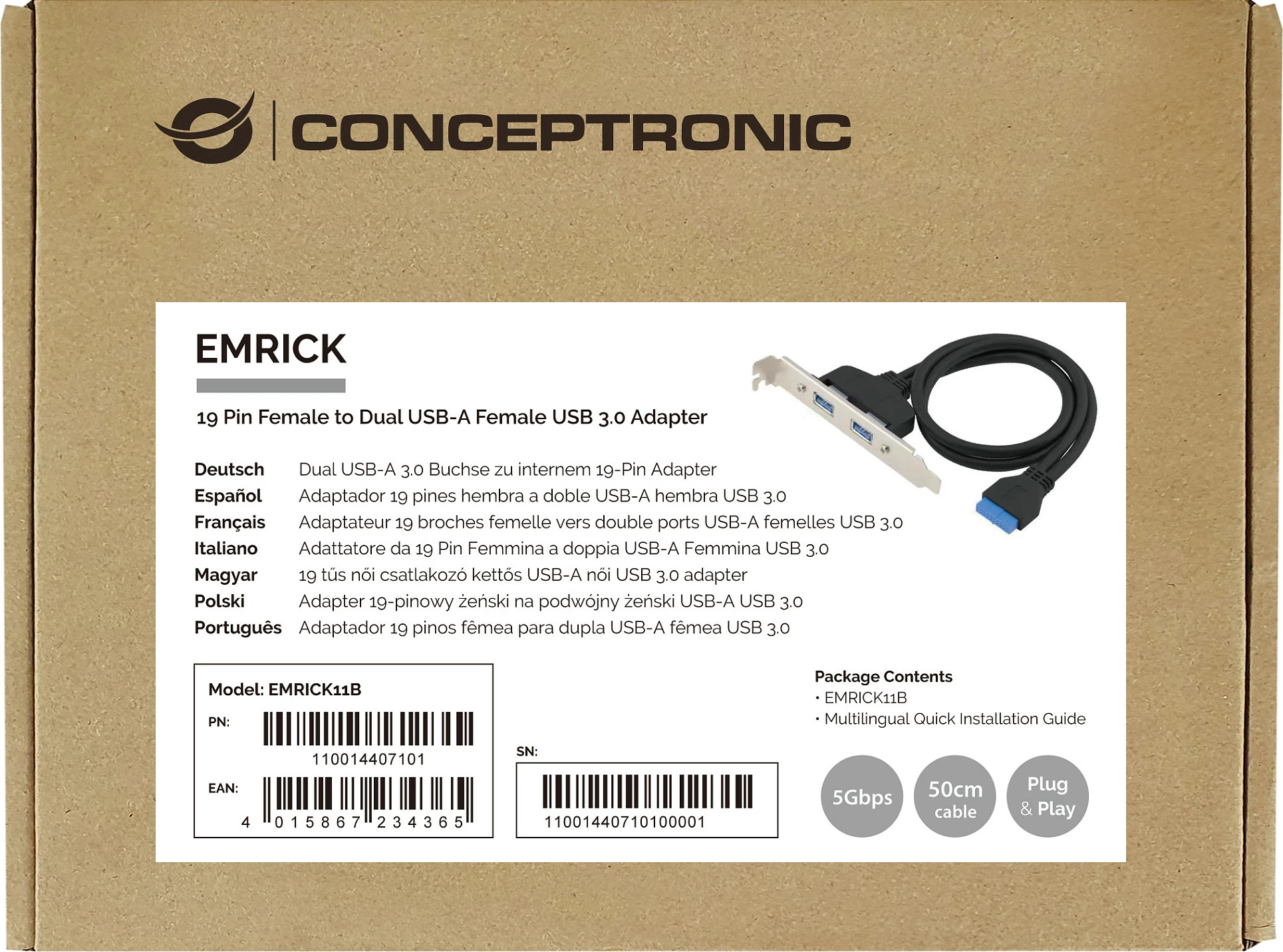 Braket USB Conceptronic 19/20-pin në 2x USB-A 3.0 (USB 3.2 Gen 1), i zi