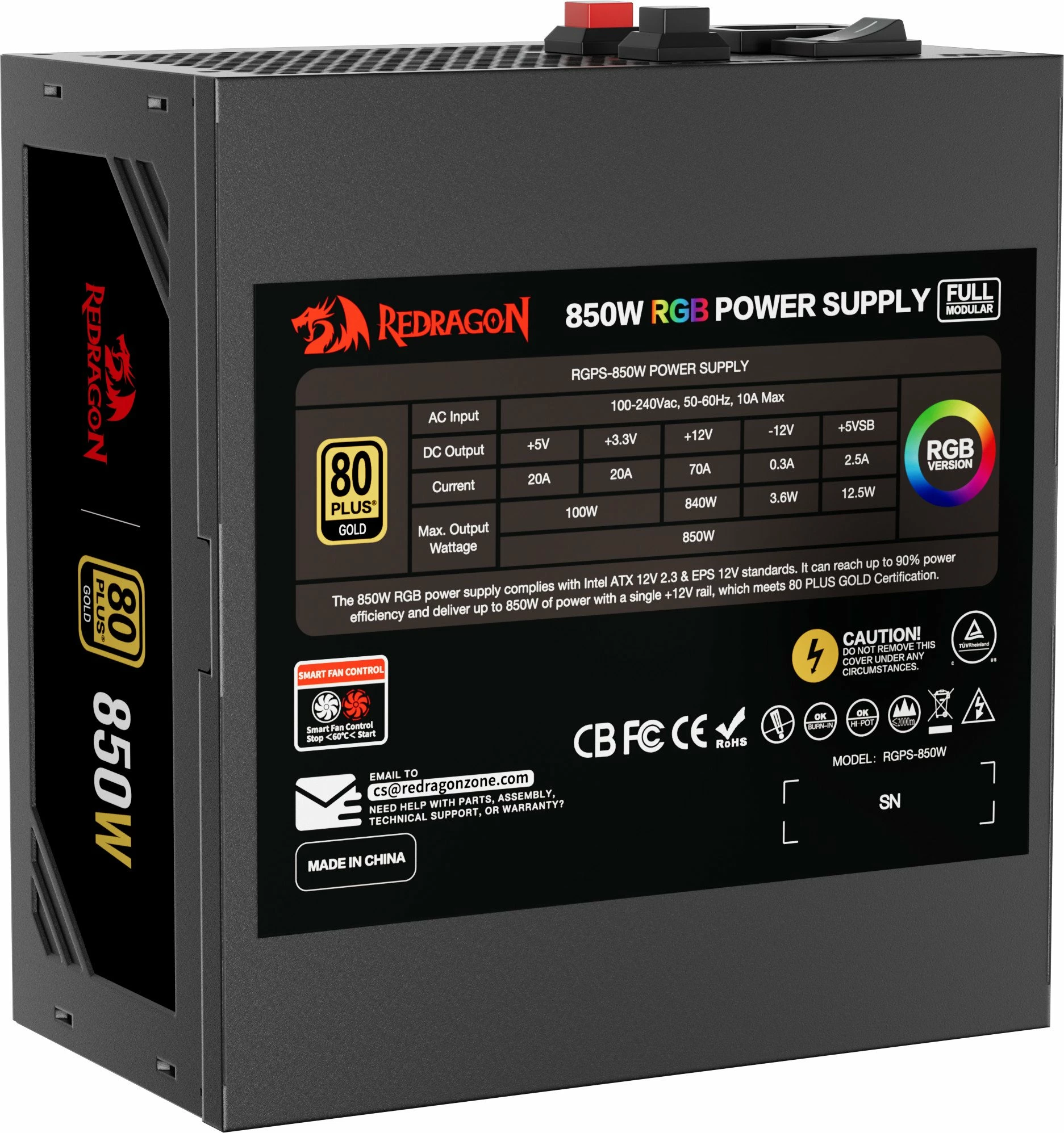 Furnizues rryme ATX Redragon GC-PS007-1-V2 850W 80 Plus Gold, plotësisht modular, RGB, i zi