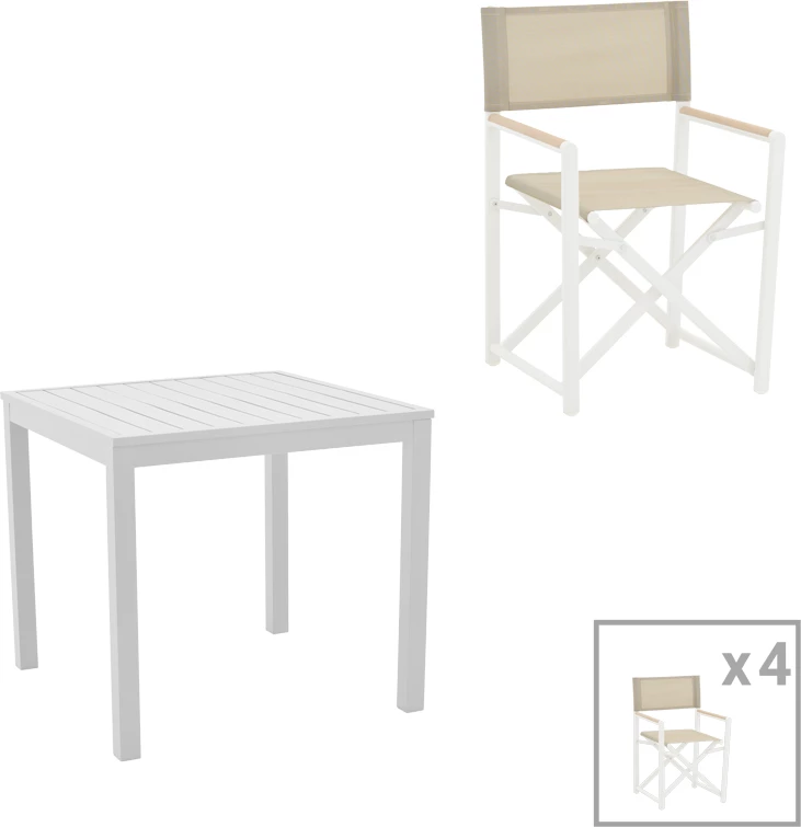 Tavolinë me karrige Kliton - Mabu, set 5 copë, alumin i bardhë, 80x80x74cm