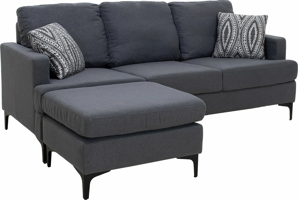 Kënd divani me pëlhurë Slim, ngjyrë gri e errët, dy jastëkë, 185x140x70cm