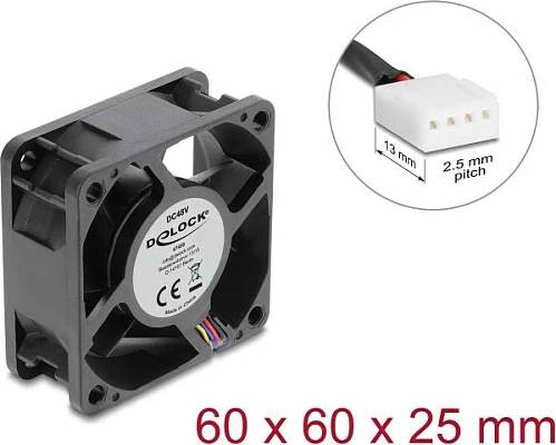 Ventilator për kasë DeLOCK 60x60x25mm, 48V DC, 4-Pin PWM, i zi