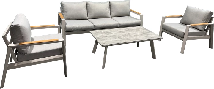 Set mobiljesh për oborr Aeria, 4 pjesë, alumin, ngjyrë bezhë, detaje dru tik, jastëkë gri të çelët