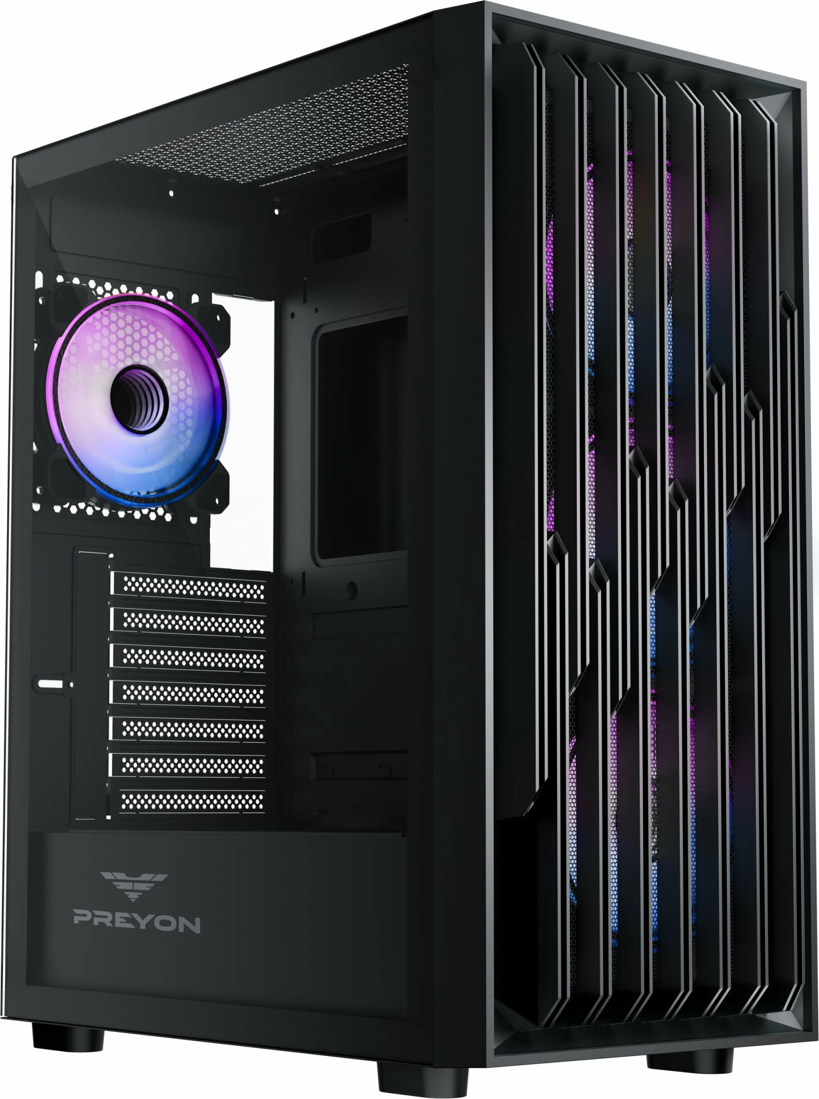 Kasë PREYON Nest Quarry ARGB PNQ04B Midi Tower, E-ATX/ATX/mATX/Mini-ITX, USB-C, 4x120mm PWM ARGB fanë, e zezë