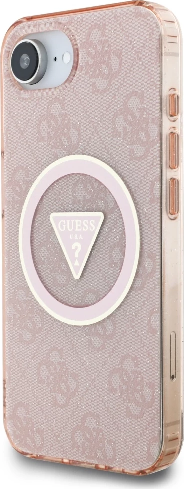 Mbështjellës Guess IML Metal Glitter 4G Circle Triangle MagSafe për iPhone 16e, Rozë