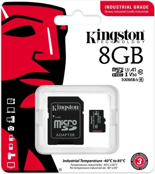 Kartë microSD, Kingston, SDCIT2/8GBSP Industrial, 8GB CL10 UHS-I A1 U3 V30, leximi 100MB/s shkrimi 80MB/s, me adapter SD