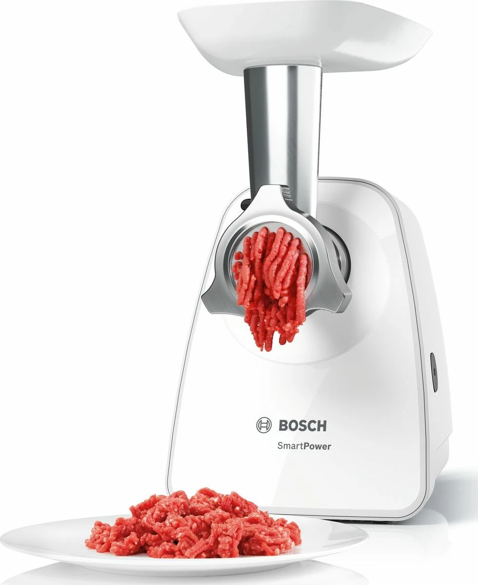 Grirëse mishi Bosch MFW2520W 350 W, 1.7 kg/min, reverse, me shtojcë për suxhuk e kebbe, e bardhë