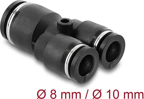 Konektor pneumatik DeLOCK 2x8 mm në 1x10 mm, Y-shape, me vrimë montimi, i zi