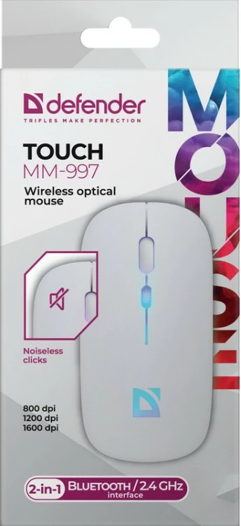 Maus wireless Defender TOUCH MM-997, RGB, 800/1200/1600 DPI, i bardhë