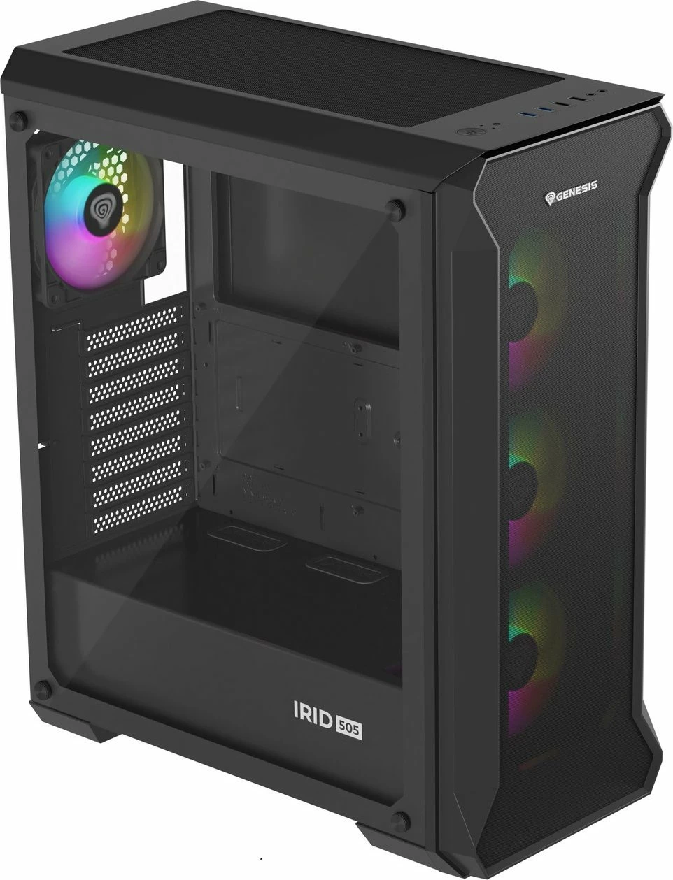 Kasë GENESIS Irid 505 ARGB V2 NPC-1518 Midi Tower ATX/Micro ATX/Mini-ITX, 4x120mm ARGB fan, xham i kalitur, e zezë