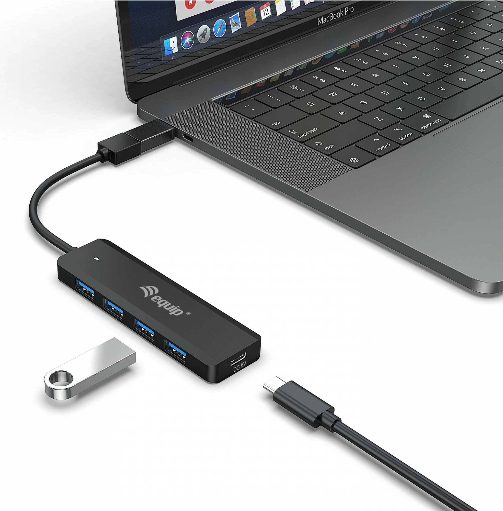 USB hub Equip 4-portë 3.2 me USB-C adapter, 5Gbps, e zezë