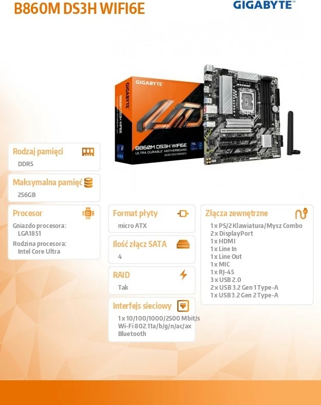 Pllakë amë Gigabyte B860M DS3H WIFI6E, micro ATX, LGA1851, Wi-Fi 6E