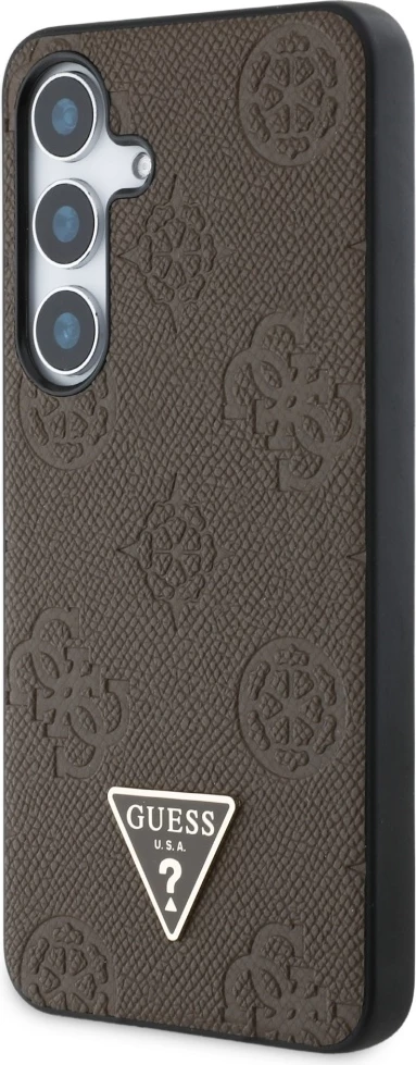 Mbështjellës Guess Grained Hot Stamp Peony Pattern Triangle Logo MagSafe për Samsung Galaxy S25, Kafe