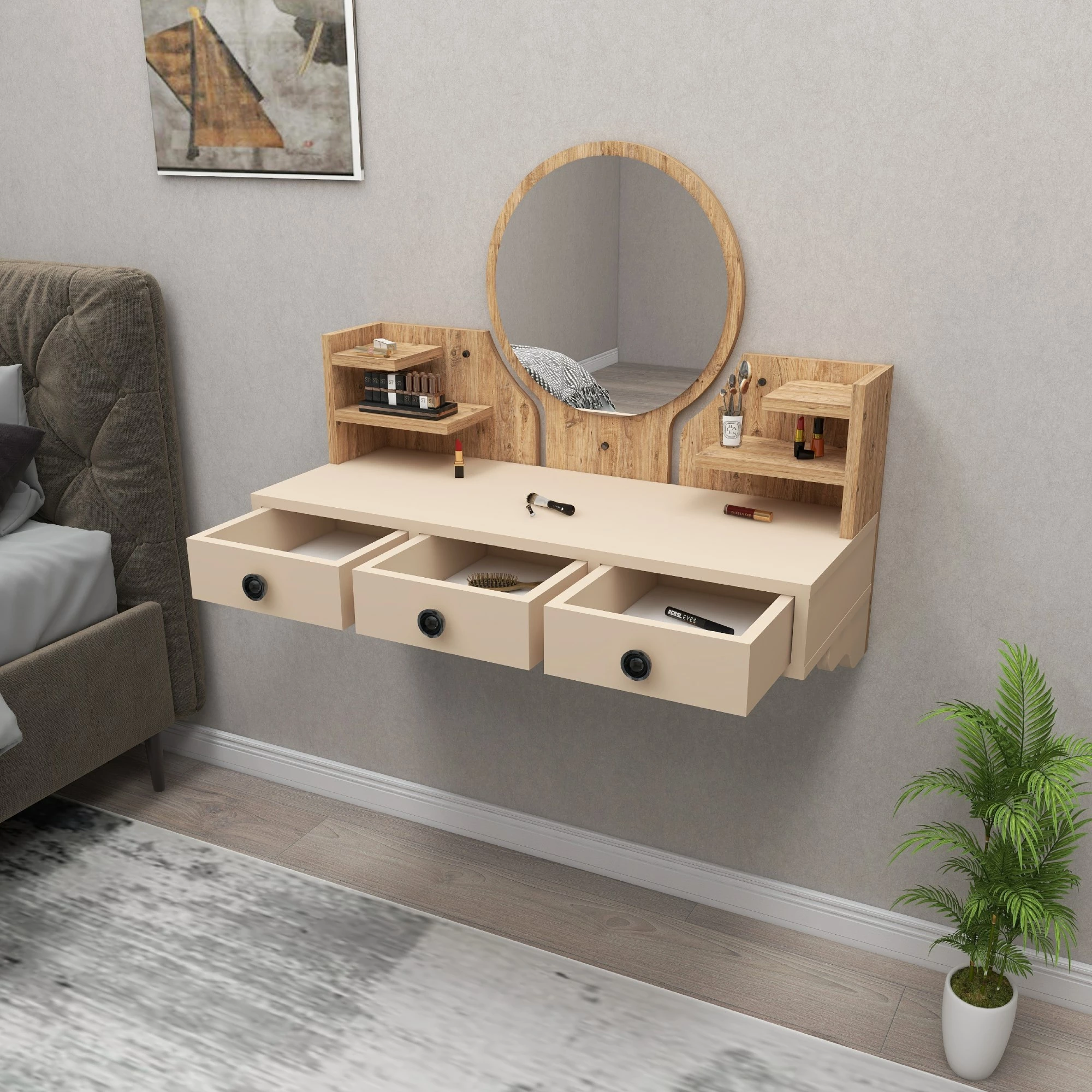 Tavolinë grimi Hanah Home, Polina, ngjyrë Atlantic Pine dhe bezhë