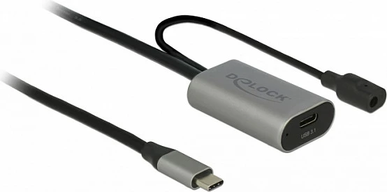 Kabllo zgjatëse USB-C DeLOCK 85392, 5 m, USB 3.2 Gen 1, me furnizim DC, zi/gri