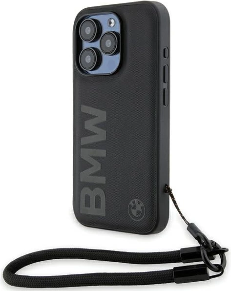 Mbështjellës BMW Signature Leather Wordmark Cord për iPhone 15 Pro, lëkurë, i zi