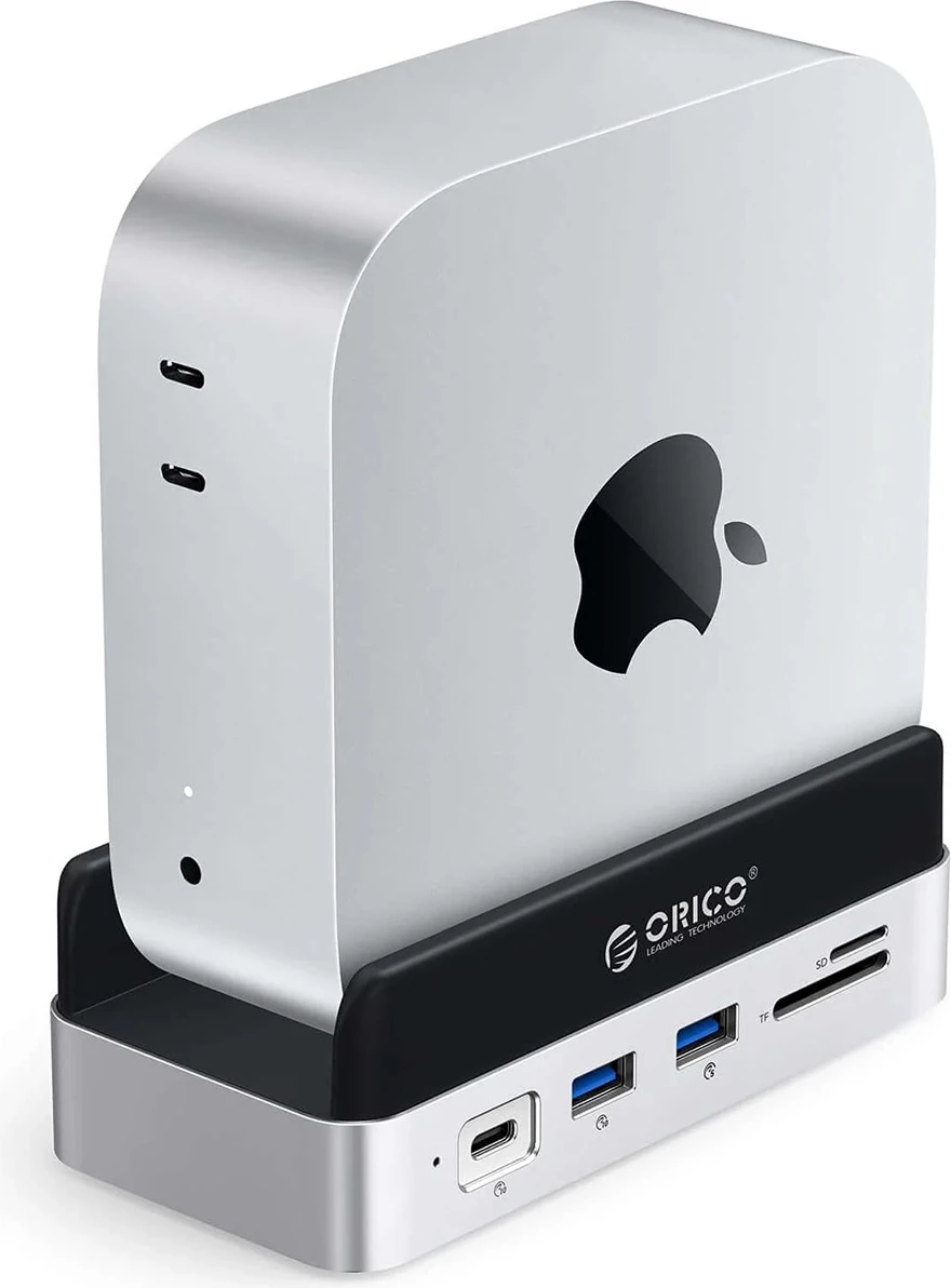 Stacion dokimi 10-në-1, Orico MiniDock, me slot M.2 deri 8 TB, HDMI 4K@60Hz, USB-C PD 100W, për Mac mini 2024, argjend