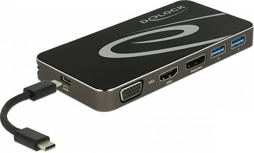 Docking stacion DeLOCK USB-C 3.2, DP/HDMI 4K + VGA, USB Hub, PD 3.0, e zezë