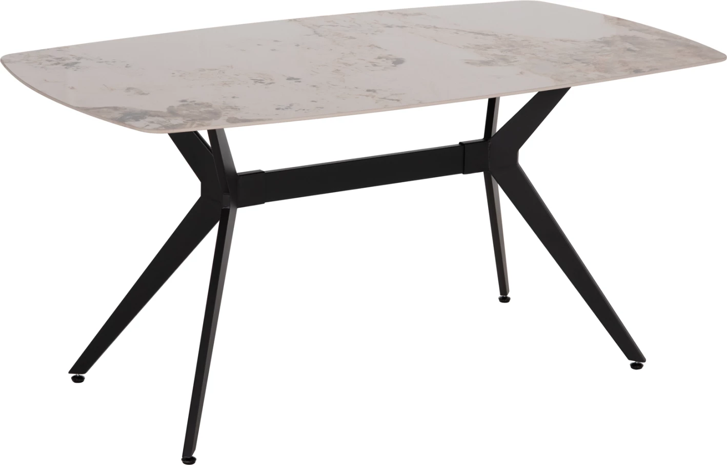 Tavolinë ngrënie AIKA FH18421, sipërfaqe qeramike ngjyrë mermeri i bardhë/ari, këmbë metali të zeza, 160x90x79 cm