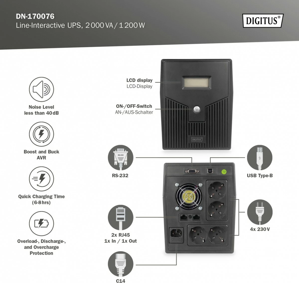 UPS Digitus DN-170076, 2000VA/1200W, Line-Interactive, 2x12V/9Ah, 4xSchuko, Ekran LCD, i zi
