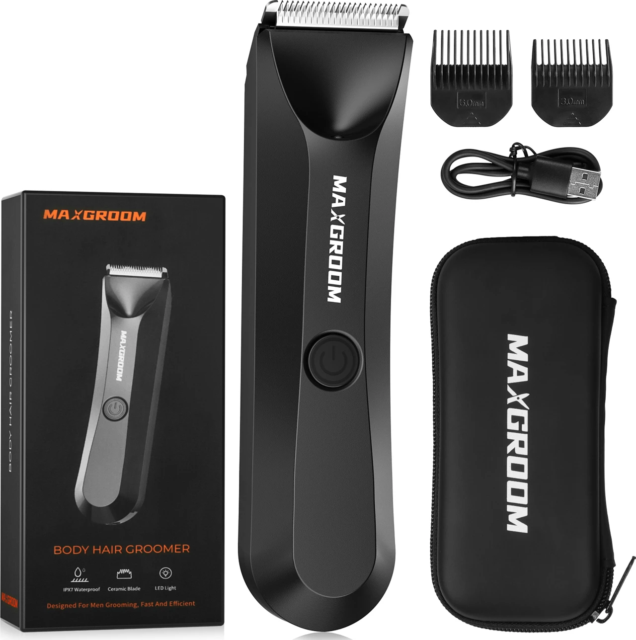Makinë rroje MAXGROOM RFCD-9087, LED, IPX7, USB-C, 600mAh, set me krehra 3mm/5mm + çantë, e zezë