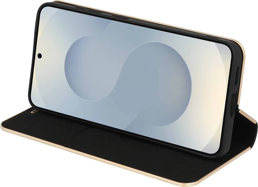 Mbështjellës flip HAVANA Premium 23611 për Samsung Galaxy S25 5G, me stand, magnet të fshehtë, xhep karte, Carbon Black me skaj Gold