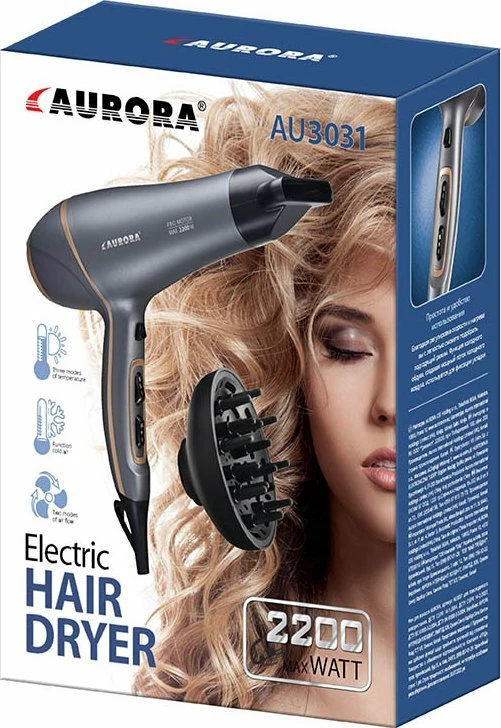 Tharëse flokësh Aurora AU3031 2200W me cold shot, difuzor dhe koncentrator, gri