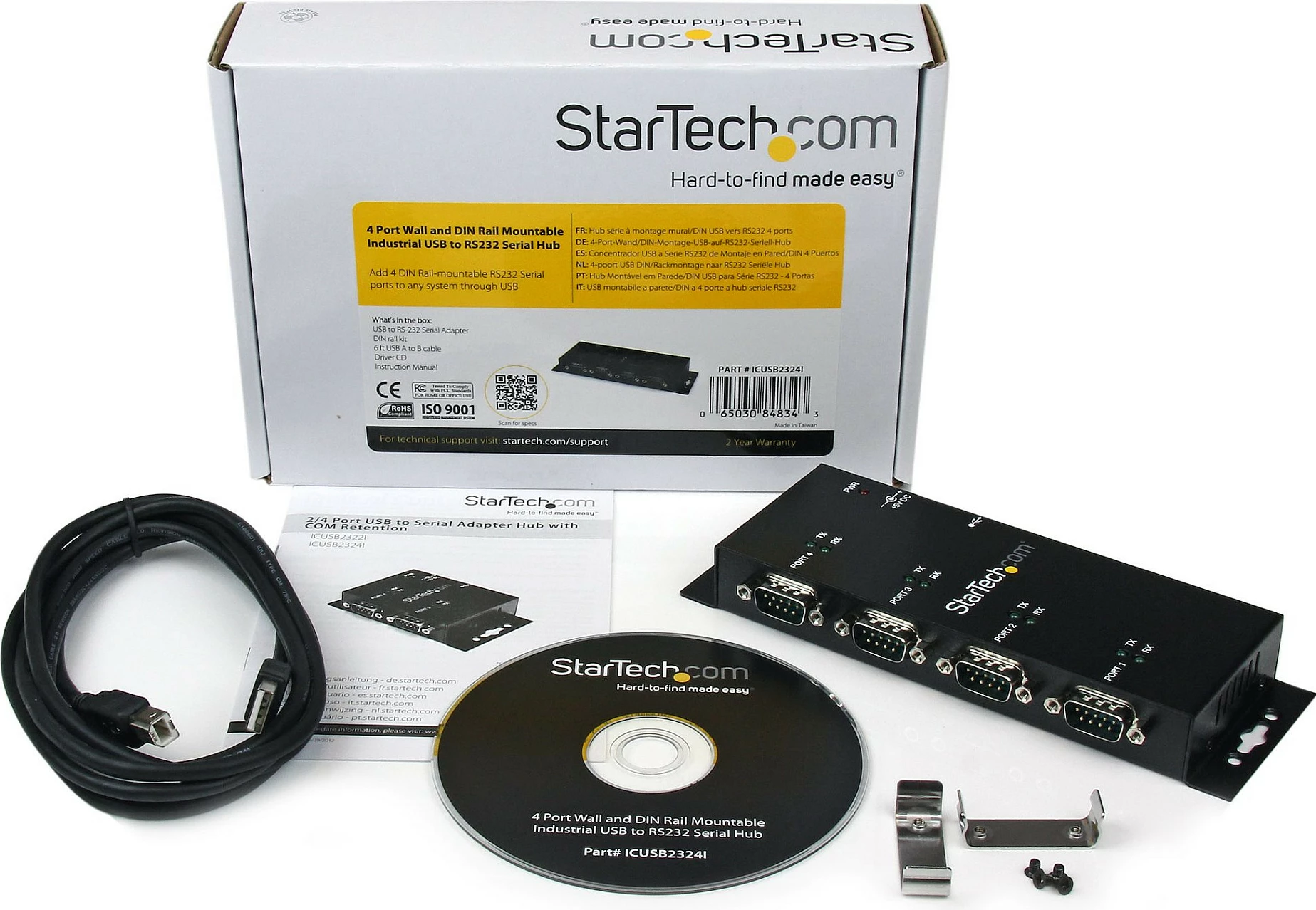 Adapter hub USB në RS232 StarTech ICUSB2324I, 4 porta DB9, USB 2.0 Type-B, DIN Rail/Wall Mount, i zi
